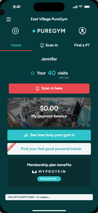 The old PureGym app home screen