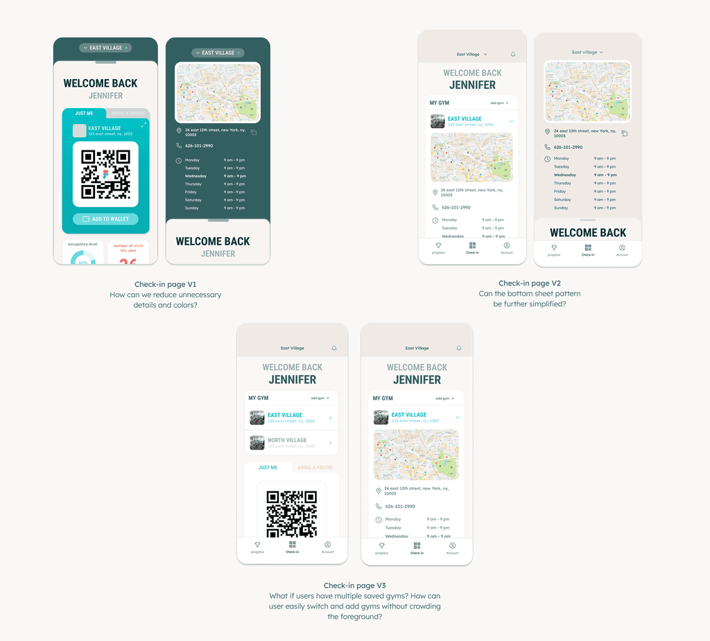 Three iterations of the check-in page, V1 through V3